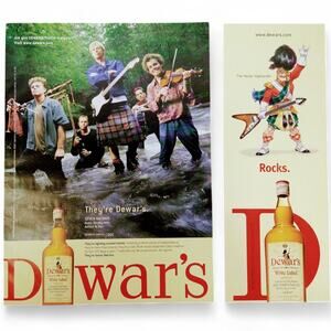 2001 Dewars Scotch Print Ad Scottish Band Posing in Stream Rocks y2k Humor‎